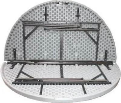 The underside of a round folding table, showing its metal frame and folding mechanism.