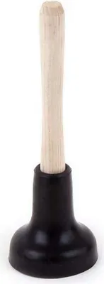 A plunger with a wooden handle and a black rubber cup.