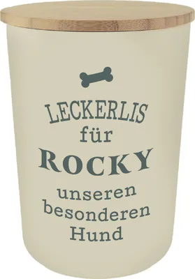 Produktbild von Personalisierte Futterdose, Vorratsdose zur Aufbewahrung m.Holzdeckel u. Silikondichtung f.Katzen u. Hunde Accessoires - Leckerlidose Rocky