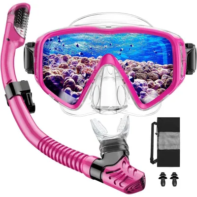Productafbeelding van Duikset voor volwassenen met een droge snorkel en duikbril, voorzien van anti-condenscoating, gehard glas en een transparant/roze kleur