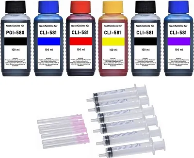 Image de Cartouches d'encre de recharge - 6 x 100 ml d'encre de recharge + accessoires pour Canon PGI-580 + CLI-581 noir, cyan, magenta, jaune, photoblue cartouches d'imprimante pour PIXMA TS8100, TS8120, TS8150, TS8151, TS8152, TS8200, TS8220, TS8240, TS8241, TS8242, TS8250, TS8251, TS8252, TS8300, TS8350, TS8351, TS8352, TS9100, TS9120, TS9150, TS9155.