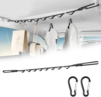 Produktbild von Kleiderbügel Auto mit 2X Karabinerhaken, Auto Kleiderbügel mit Befestigungsschnalle, Kleiderstange für Auto-Reisen 83-119 CM, Auto Kleiderbügel für LKW, SUV, Waggons, Van, Anbringung am Haltegriff