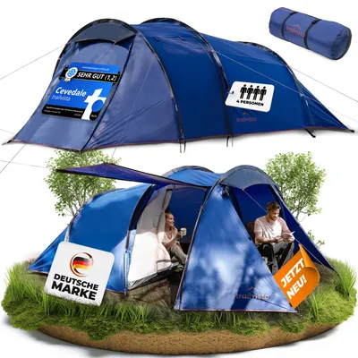 Produktbild von trailvista® Cevedale 4 Personen Zelt blau – wasserdichtes Tunnelzelt mit Vorzelt & Insektenschutz