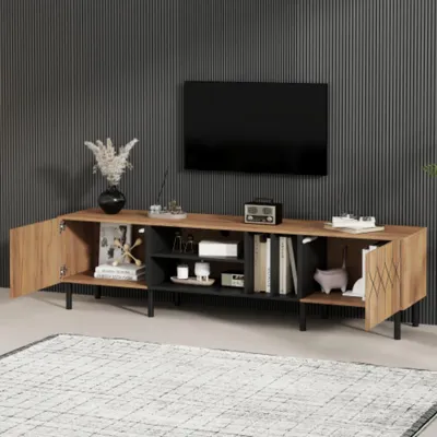 Produktbild von TV-Schrank mit 2 Türen, offener Stauraum,Modernes Lowboard, Fernsehtisch für Wohnzimmer, für Fernseher bis 70 Zoll