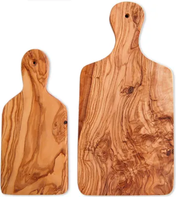Two wooden cutting boards of different sizes, made of olive wood, are displayed side by side on a white background.
