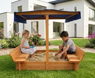 Produktbild von Sandkasten LIGNI Holzsandkasten Sonnenschutz Dach Holz Sonnenschirm Sand Kasten