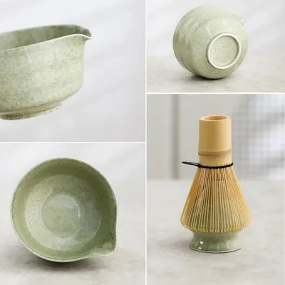 Image de Kit matcha avec fouet : ensemble traditionnel japonais pour la préparation du matcha - 4 pièces - bol, support pour fouet, cuillère, fouet en bambou