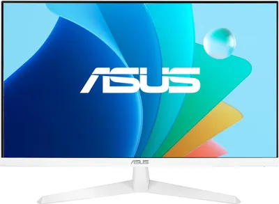 A white ASUS monitor with a colorful abstract wallpaper displayed on the screen.