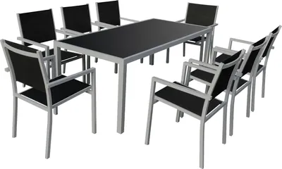 Image de Salon de jardin BARI en textilène noir 8 places - aluminium gris