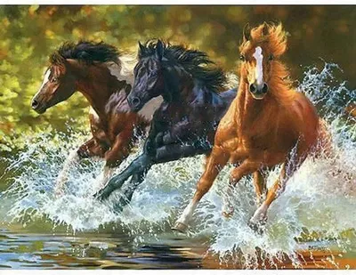 Productafbeelding van Diamantmozaïek: Paarden In Galop In Een Rivier. Creatief Ontwerp, 30X40 Cm