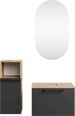 Produktbild von Planetmöbel Waschtischunterschrank Astra 60 cm Gold Eiche/Anthrazit mit LED-Spiegel und Midischrank – Badmöbel Set mit Beleuchtung