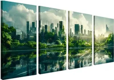 Produktbild von Wandbild Wanddeko Stadt auf Leinwand - ökologische Tinte, Wasserfest - 4 Teilig 80x160 cm Leinwandbilder für wohnzimmer, schlafzimmer