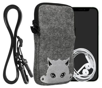 Produktbild von kwmobile Handytasche für Smartphones L - 6,5" - Filz Handy Hülle Grau Weiß - Handy Tasche mit Kette 16,5 x 8,9 cm Innenmaße - Neugierige Katze