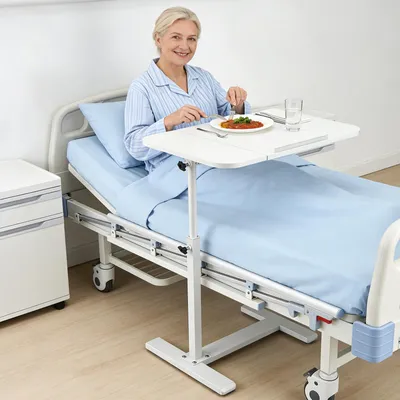 Imagen del producto de Mesa de noche con ruedas, con altura y ángulo ajustables, móvil, para cama de hospital, con 4 ruedas ocultas