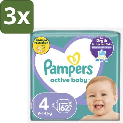 Immagine prodotto di Pampers – Pannolini – Active Baby taglia 4 (9-14 kg) – 62 pannolini - Confezione risparmio - 3 pezzi