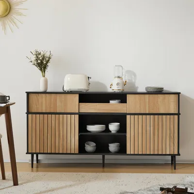 Produktbild von MODFU Kommode Sideboard mit 4 Schiebetüren und 1 Schublade, SchranK Buffet Flurschrank für Wohnzimmer, Schlafzimmer, Eiche kombiniert mit Schwarz