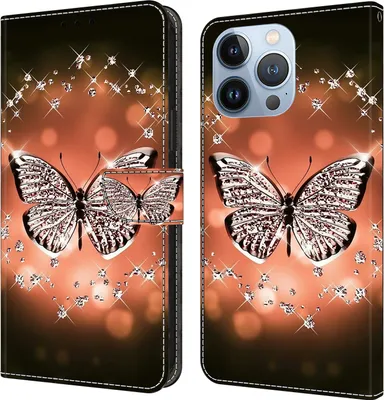 Produktbild von CLM-Tech Handyhülle kompatibel mit iPhone 16 Pro Max Hülle - Tasche aus Kunstleder - Klapphülle mit Ständer und Kartenfächern - Schutzhülle Wallet Case Cover Schmetterling Diamanten Muster