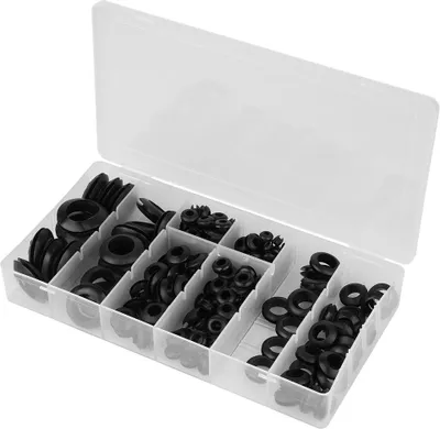 Image de 200 joints d'étanchéité en caoutchouc noir dans les dimensions suivantes : 3/16", 1/8", 1/4", 5/16", 3/8", 1/2", 5/8" et 3/4".