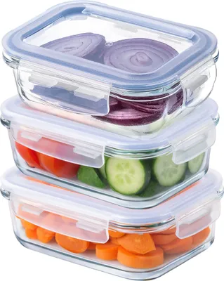 Image de Contenants en verre KADAX avec couvercle, lot de 3, boîtes de conservation pour aliments, adaptés au lave-vaisselle, hermétiques (rectangulaires, 370 ml)