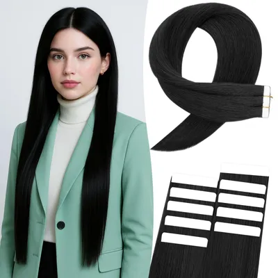 Obrázek produktu pro Omgoods - Pásky pro prodlužování vlasů, 10 kusů, 40 cm, černá, Remy vlasy - Nenápadné prodlužování vlasů, 15 g, 16 palců