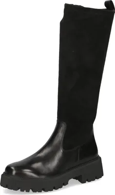 A black leather and suede boot on a white background.