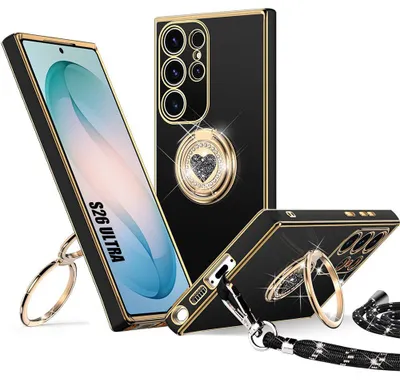 Image de Coque pour Samsung Galaxy S26 Ultra, Silicone avec Cordon et Anneau Rotatif Motif Coeur - Noir