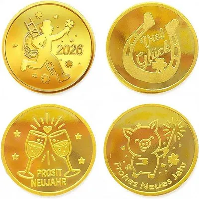 Produktbild von Glücksmünzen Set mit 4 Stück für Neujahr 2026 - Souvenir und Tischdekoration