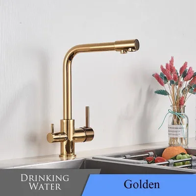 Immagine prodotto di Miscelatore per lavello da cucina con filtro dell'acqua - Miscelatore monocomando - Doppio beccuccio - Rotazione a 360° - Acqua calda e fredda - Montaggio su foro singolo - Ottone - Finitura dorata