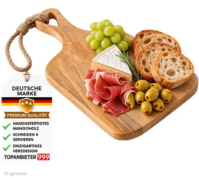 Produktbild von Servierbrett Herz aus Mangoholz 30 × 19 cm handgefertigtes Schneidebrett mit Juteschlaufe Natur