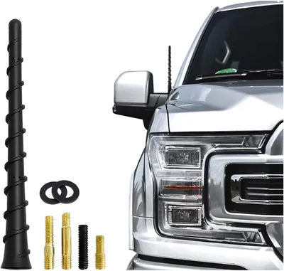 A car antenna and its accessories are displayed against a white background, with part of a car visible on the right.