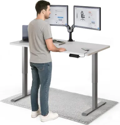 Produktbild von DESKSPACE PRO Elektrisch höhenverstellbarer Schreibtisch – 140x70 cm Memory & Kollisionsschutz, Computertisch Weiße Tischplatte / Graue Gestell