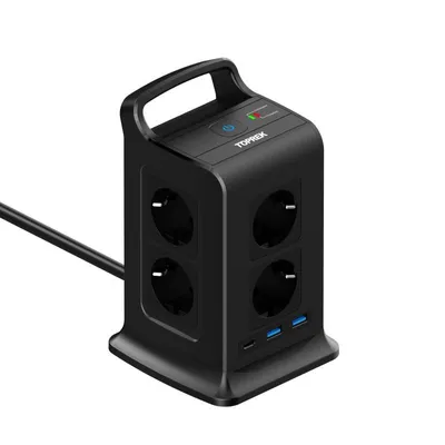 Produktbild von TOPREK Steckdosenturm 4000W mit USB-C 20W & 2 USB-A, Mehrfachsteckdose mit Überspannungsschutz, Schwarz