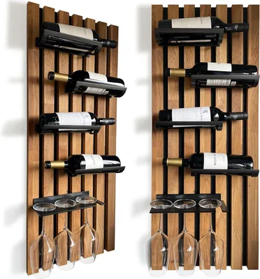 Produktbild von Weinkühler - Weinhaltesystem - Flaschenregal - Wandregal - Glasregal - Aus Eiche mit schwarzem Aluminium - 98x40 cm