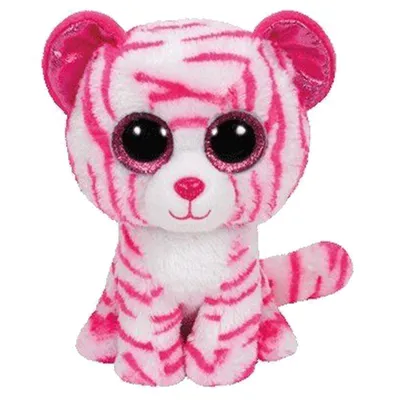 A plush toy tiger with pink stripes and large glittery eyes sits on a white background.