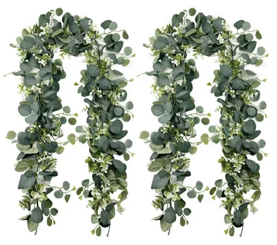 Produktbild von 2-teiliger Eukalyptuskranz, Eukalyptusdekoration, künstlicher Pflanzenkranz, 1,8 m langer künstlicher Pflanzenkranz mit grünen Blättern und weißen Blüten, für Brautsträuße, Blumenarrangements und als Heimdekoration