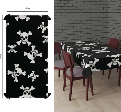Produktbild von Schwarze Halloween Tischdecke mit weißen Totenköpfen