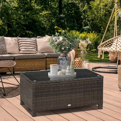 Produktbild von Gartentisch PE-Rattan Glasplatte rechteckig, Beistelltisch Couchtisch Balkontisch, Polyrattan Metall, Braun | 85x50x39 cm | 5mm Hartglas | wetterfest
