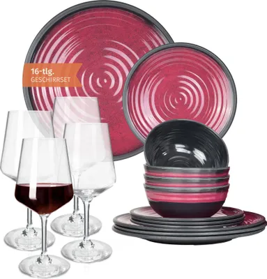 Obrázok produktu pre Melamínová súprava kempingového riadu pre 4 osoby Stone Red + 4 poháre na červené víno Milano Poháre na červené víno Riad Piknik BBQ riad