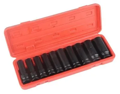 Obrázek produktu pro Sada nárazových zásuvek – 10 kusů – Profesionální nářadí – Velikost 1/2 palce – Hluboké zásuvky do 24 mm – Vhodné pro použití s pneumatickými nářadími a...