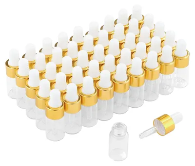 Zdjęcie produktu dla Butelki z atomizerem, 50 sztuk - Szklane butelki - Złote zakrętki - Próbki perfum - Olejki eteryczne - Pojemność 3 ml - Butelki do perfum