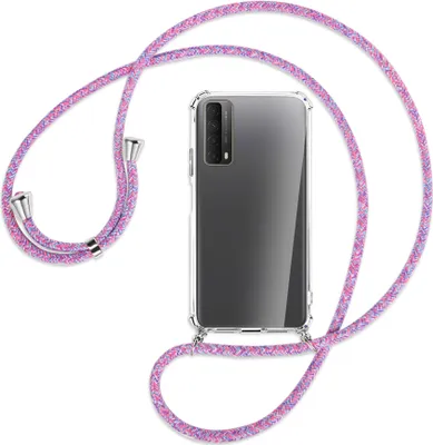 Produktbild von Handykette Backcover-Schutzhülle mit Band (Metall silberfarben) für Huawei P smart 2021 - lila/rosa/blau