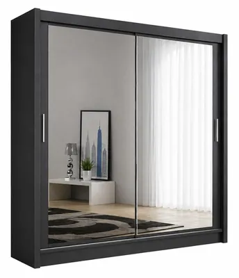 Produktbild von Schwebetürenschrank PARIS 120 cm mit Spiegel – Kleiderschrank modern, kompakter Schlafzimmer Schrank (Schwarz)