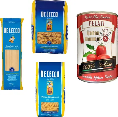 Produktbild von TESTPAKET De Cecco Pasta 1x Penne Rigate n°41 1x Fusilli n°34 1x Spaghetti n°12 (3 x 500g) + 1x Italian Gourmet 100% italienische geschälte Tomaten dosen 400g