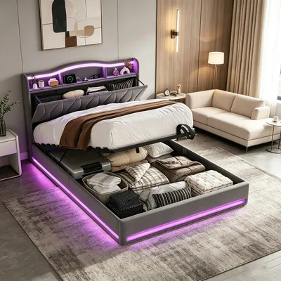 Obrázek produktu pro Postel INONEFT, čalouněná, rozměr 160x200 cm, s LED osvětlením a USB porty, hydraulický mechanismus, úložný prostor, klasický design, čalounění z veluru, šedá barva