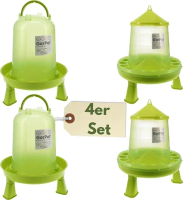 Produktbild von 4 Stück Hühnertränke mit Füßen + Futterautomat Hühner Set Geflügeltränke Hühnerfutter Automat Futtertrog Stülptränke Futterspender Hühner Tränke Gr.3