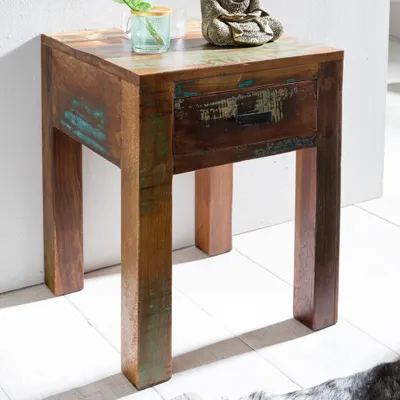 Produktbild von FineBuy Nachttisch KALKUTTA 40 x 40 x 55 cm Mango Massivholz Nachtkästchen mit Schublade Kleiner Beistelltisch Shabby Chic Wohnzimmertisch
