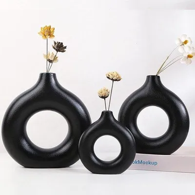 Produktbild von Unyqoos® Keramikvase 3er-Set (S+M+L) – mattschwarze Donut‑Vasen aus A‑Keramik, handgefertigte Dekovasen für Pampasgras & modernes Wohnzimmer