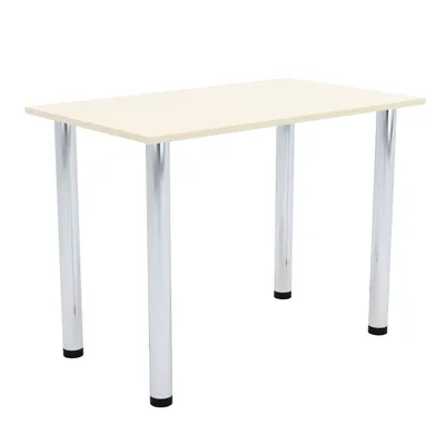 A product shot of a table with a beige top and chrome legs, isolated on a white background.