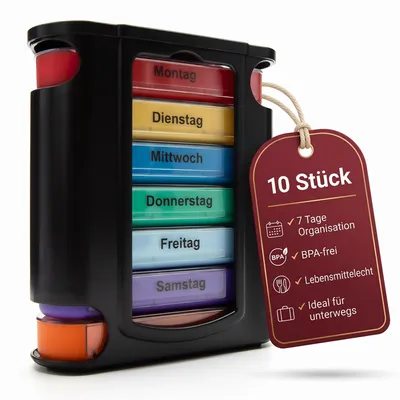 Produktbild von BigDean 10 Stück Tablettenbox 7 Tage Vorteilspack | Pro Tag 1 Fach. Je Fach 4 Unterteilungen.