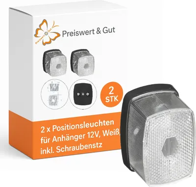 Produktbild von 2 x Positionsleuchten für Anhänger 12V, Weiß, inkl. Schraubensatz, kompakte Größe 66 x 62 x 44 mm, für mehr Sichtbarkeit
